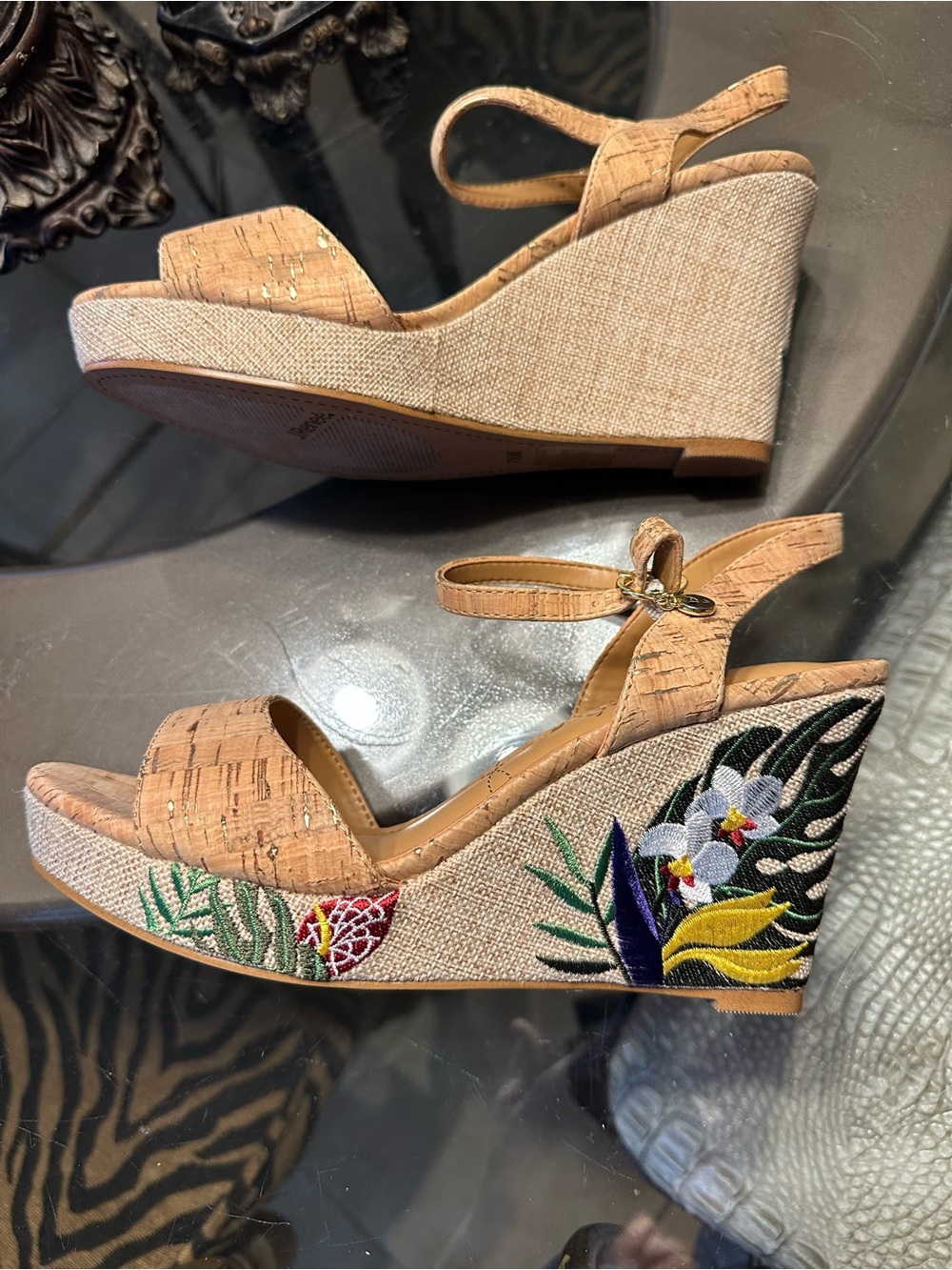 Embroidered Tan Platform Wedge Sandals with Floral Detail